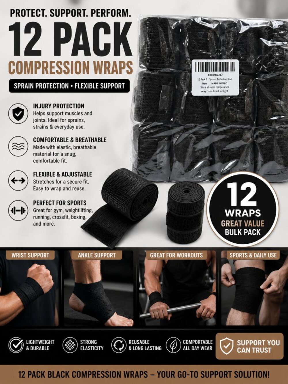 12 Pack Compression Wraps Black Sports Support Bandages Wrist Ankle Injury Wrap